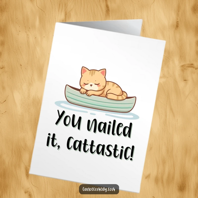 Funny Free Printable Congratulations Card featuring a cat napping peacefully in a small canoe, a humorous symbol of reaching ultimate relaxation.