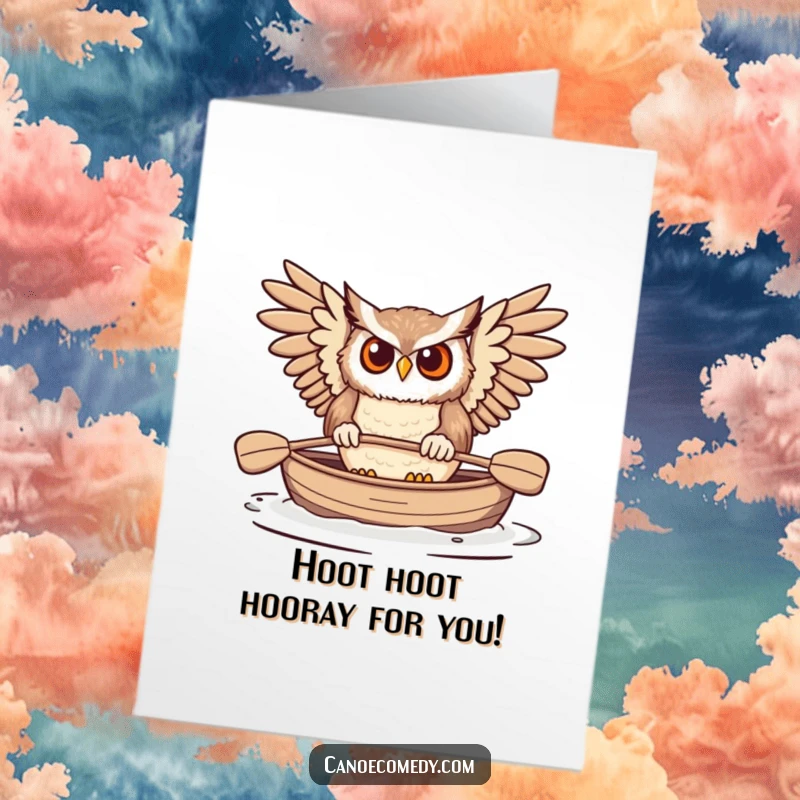 Funny free printable congratulations card showing a determined owl using wings as paddles in a canoe, celebrating a win.