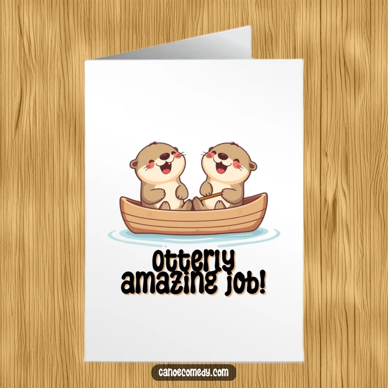 Funny Free Printable Congrats Card: Lively Kawaii otters in a canoe, laughing together, a perfect design for sharing good news.