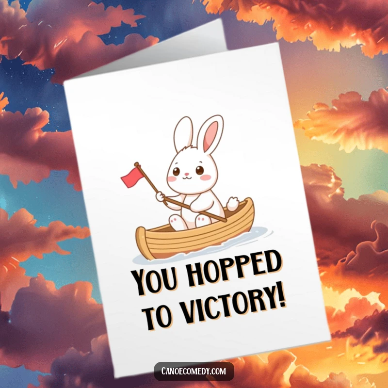 Funny Free Printable Congratulations Card: Cheerful rabbit waving flag from canoe, perfect for celebrations.