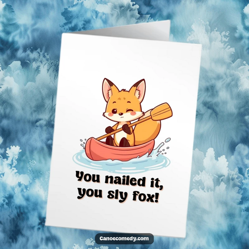 Funny Free Printable Congrats Card: Fox splashing water from canoe, celebratory, playful, big win, downloadable gift.
