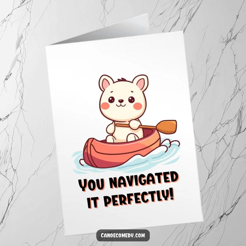 Funny Free Printable Congrats Card: Kawaii animal steering a colorful canoe on calm waves, celebrating success.