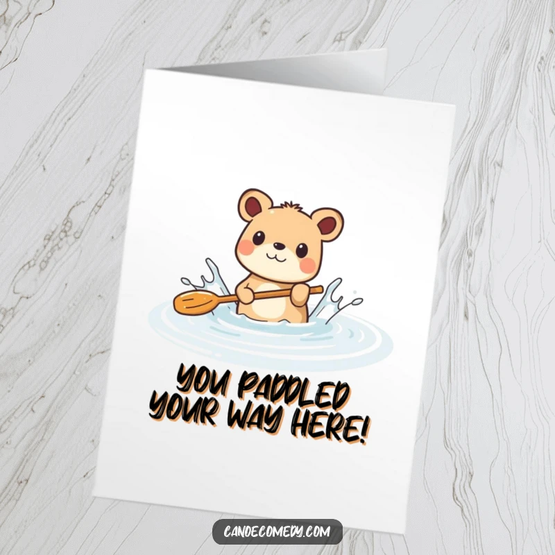 Funny Free Printable Congrats Card: An animal joyfully splashing with a paddle, celebrating success in a calm river.