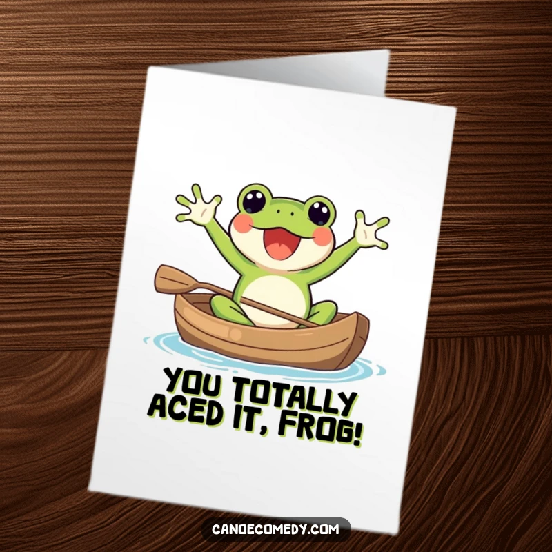 Funny Free Printable Congratulations Card: Excited Kawaii frog in canoe, celebrating success, waving arms happily, downloadable.