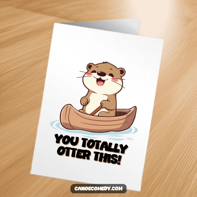 Funny Free Printable Congratulations Card: A joyful otter steers a canoe, whiskers quivering with excitement.