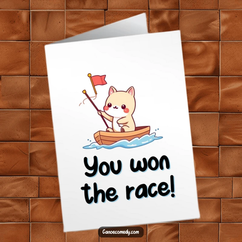 Funny Free Printable Congrats Card: Kawaii animal waving a flag from a speeding canoe, symbolizing a fast-paced success.