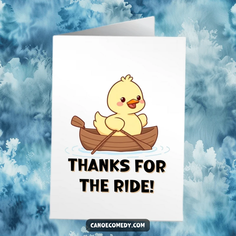 Funny Free Printable Kawaii duck smiling, paddling a tiny canoe with a thank you message.