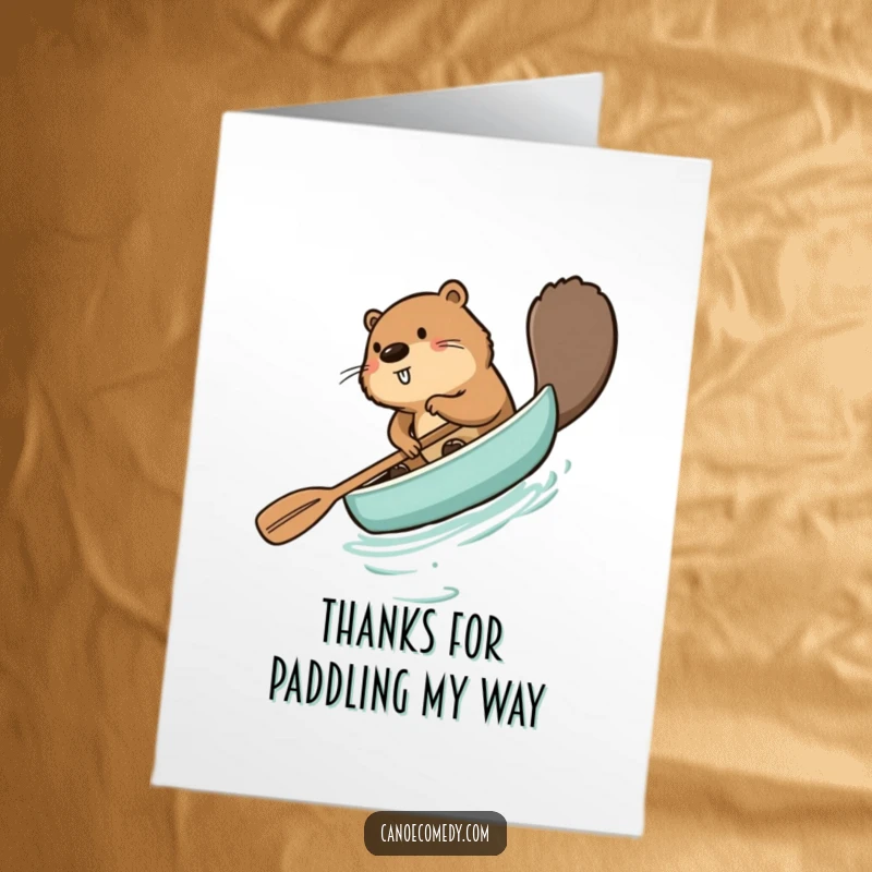 Funny Free Printable Thank You Card showing a beaver comically paddling a canoe backward, a humorous way to say thanks.