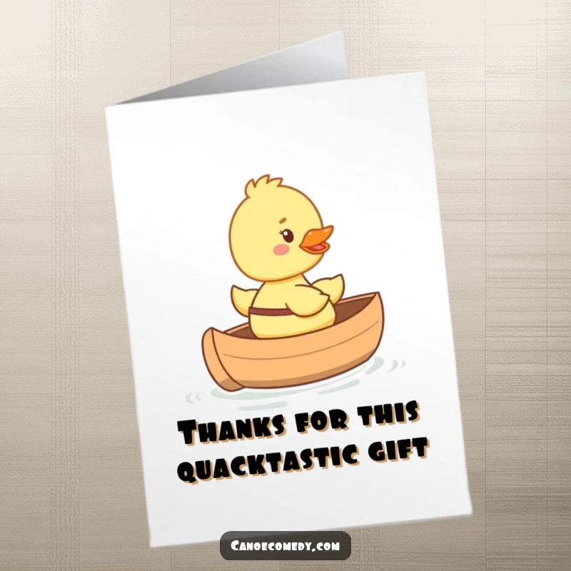 Funny Free Printable Thank You Card showing a happy duckling cruising in a miniature canoe, a charming way to express gratitude.