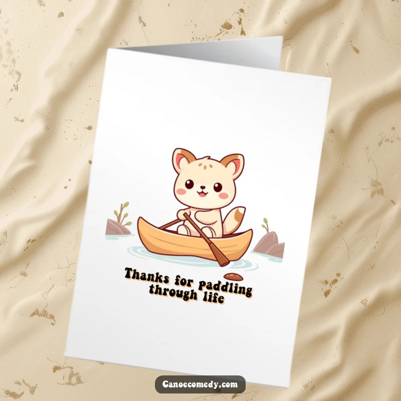 Funny Free Printable Thank You Card: Kawaii animal in a canoe tipping over slightly, expressing thanks clumsily.