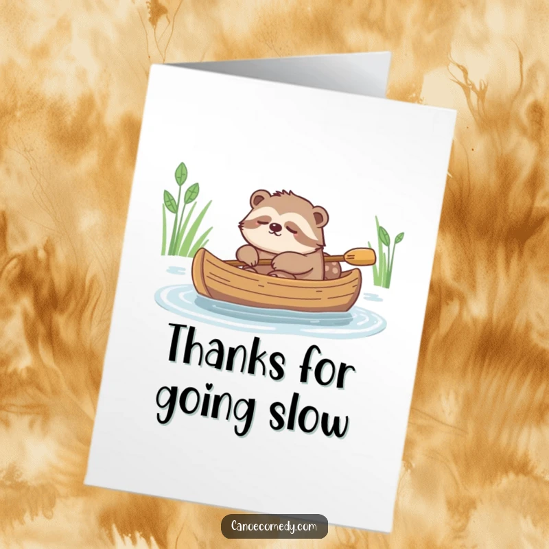 Funny Free Printable Thank You Card: A sleepy sloth enjoying a slow canoe ride, conveying calm gratitude.