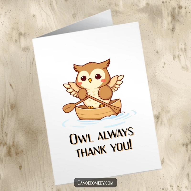 Funny Free Printable Thank You Card: A happy owl peacefully paddles a canoe, wings creating gentle ripples.