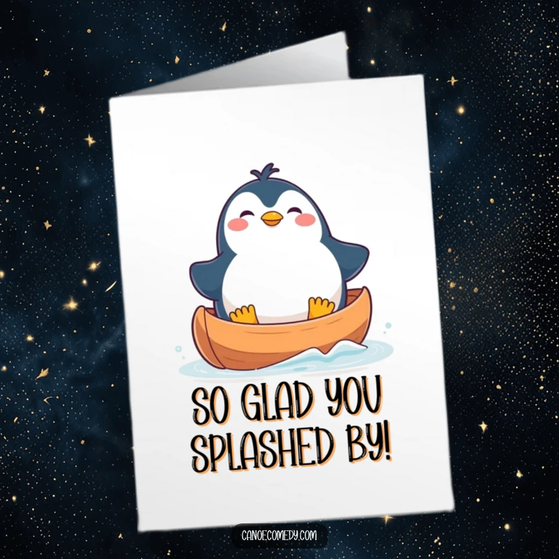 Funny Free Printable Thank You Card: Plump kawaii penguin comically unbalanced in canoe, looking delighted, humorous downloadable gift.