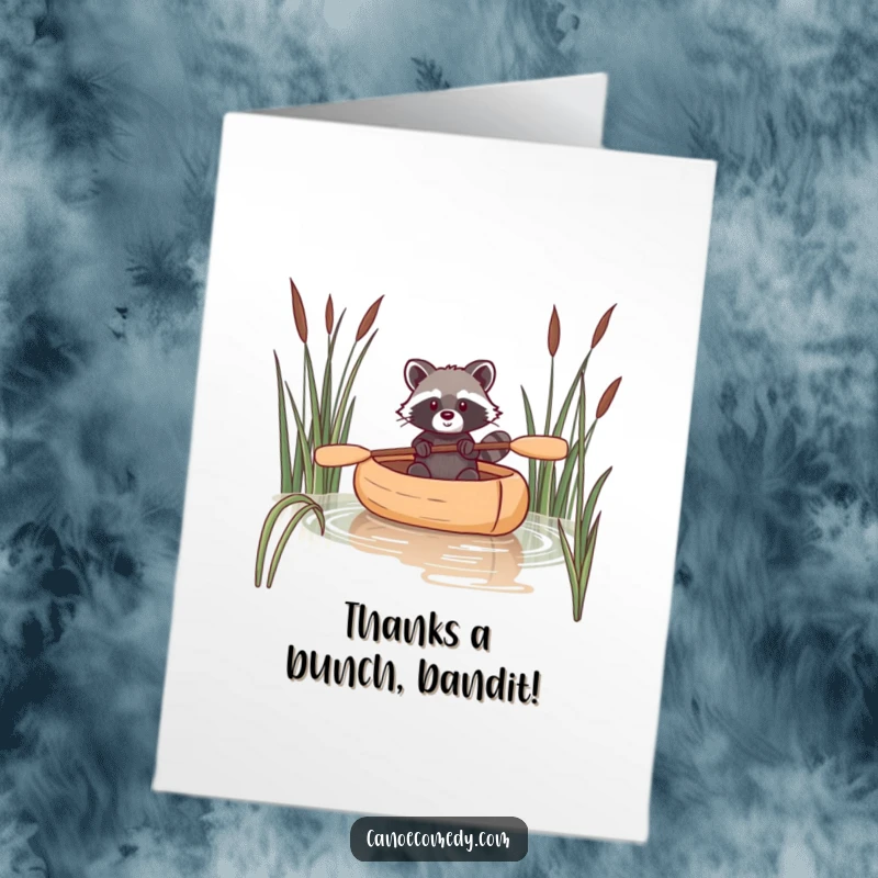 Funny Free Printable Thank You Card: A raccoon navigating a canoe through reeds, perfect for a humorous way to say thanks.