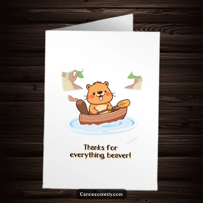 Funny Free Printable Thank You Card: A happy beaver pushes a canoe through water, conveying thanks with a smile.