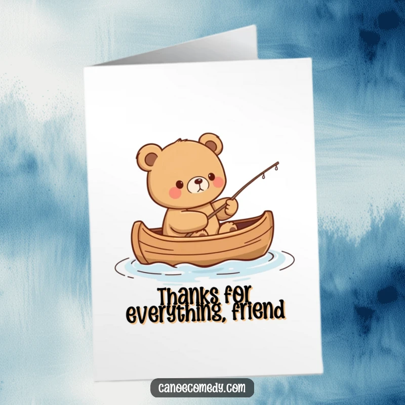 Funny Free Printable Thank You Card: Content kawaii bear fishing from a canoe, expressing quiet appreciation.