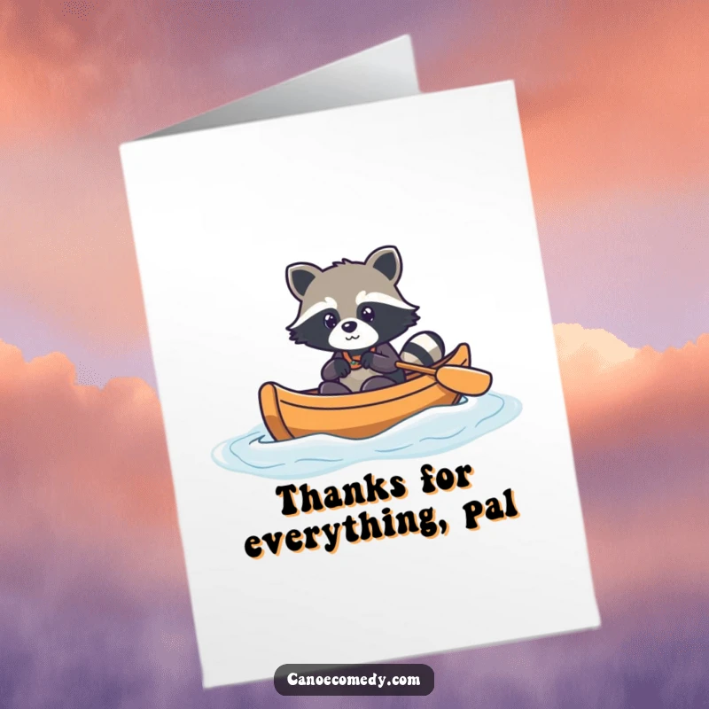 Funny Free Printable Thank You Card: Kawaii raccoon navigating canoe through gentle waves, thankful journey, appreciation, downloadable gift.