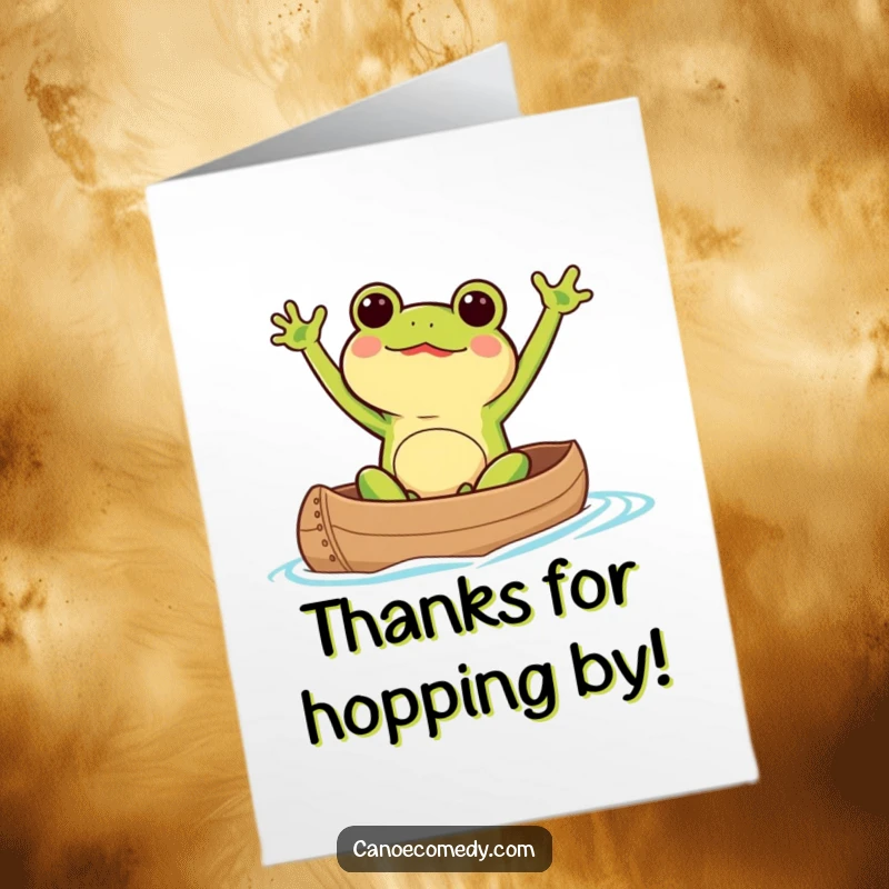 Funny Free Printable Kawaii frog excitedly waving arms in a canoe on a thank you card.