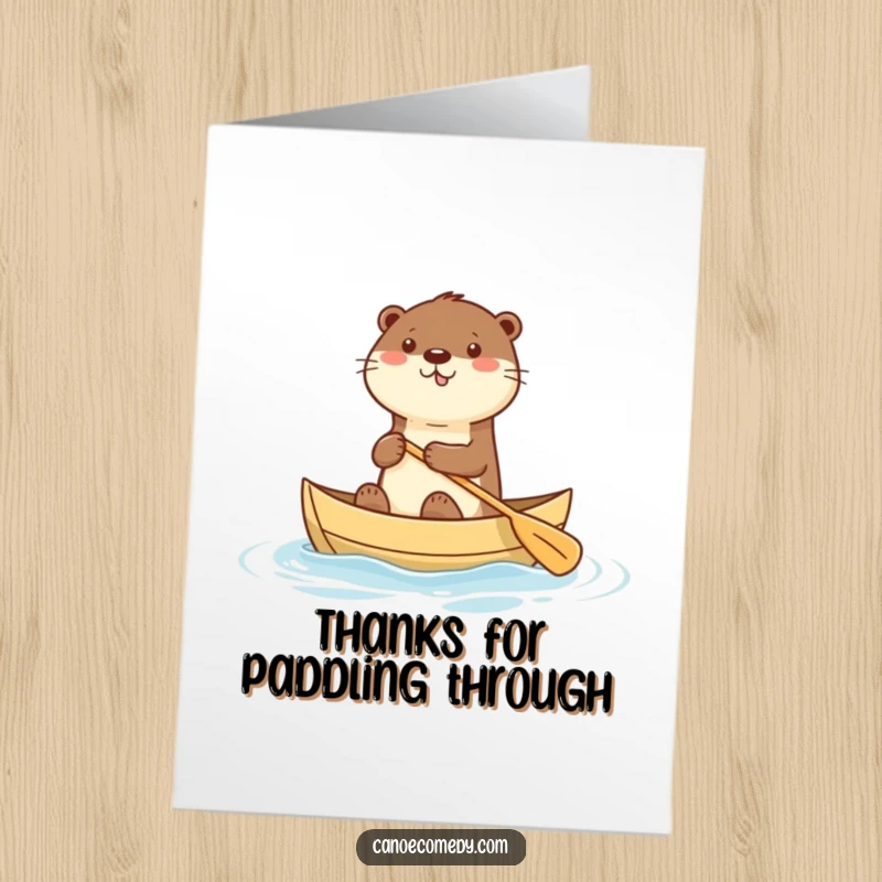 Free Printable Thank You Card: A happy kawaii otter enthusiastically paddling a canoe, sending thanks with pure joy.