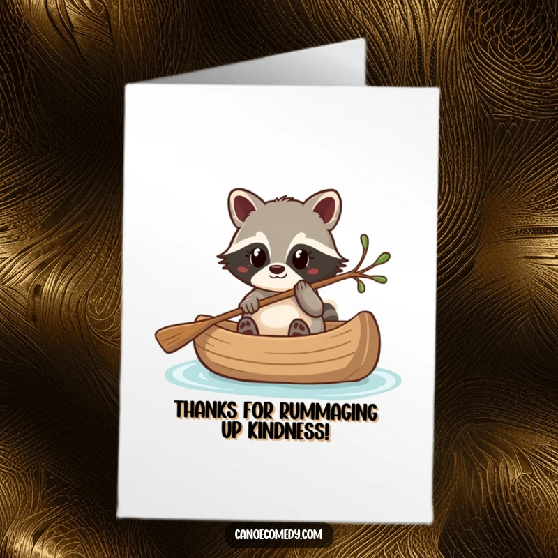 Funny Free Printable Thank You Card: Kawaii raccoon in a canoe, using a twig to steer, a quirky and fun way to say thanks.