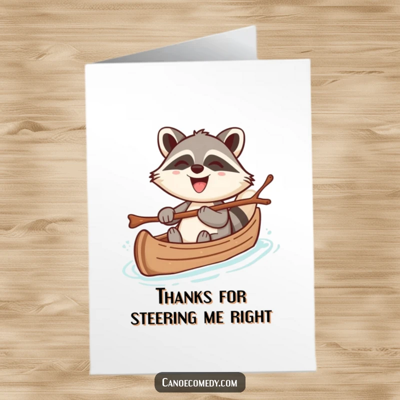 Funny Free Printable Thank You Card: Cheerful kawaii raccoon steering canoe, grinning to show gratitude.