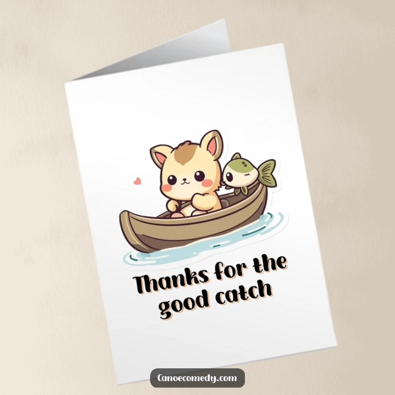 Funny Free Printable Thank You Card: Kawaii animal in a canoe sharing a moment of amusement with a curious fish, friendly encounter.