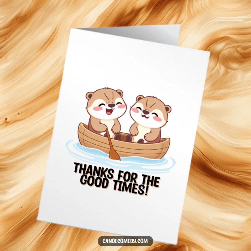 Funny Free Printable Thank You Card: Kawaii otters in canoe, laughing heartily, expressing gratitude, downloadable.