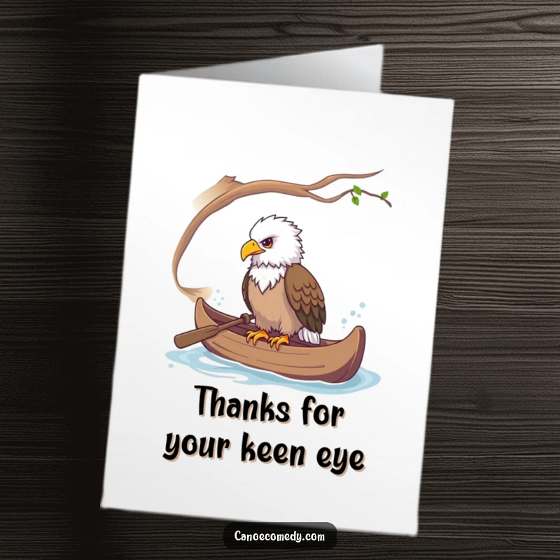 Funny Free Printable Thank You Card: A majestic eagle in a canoe, observing with gratitude.