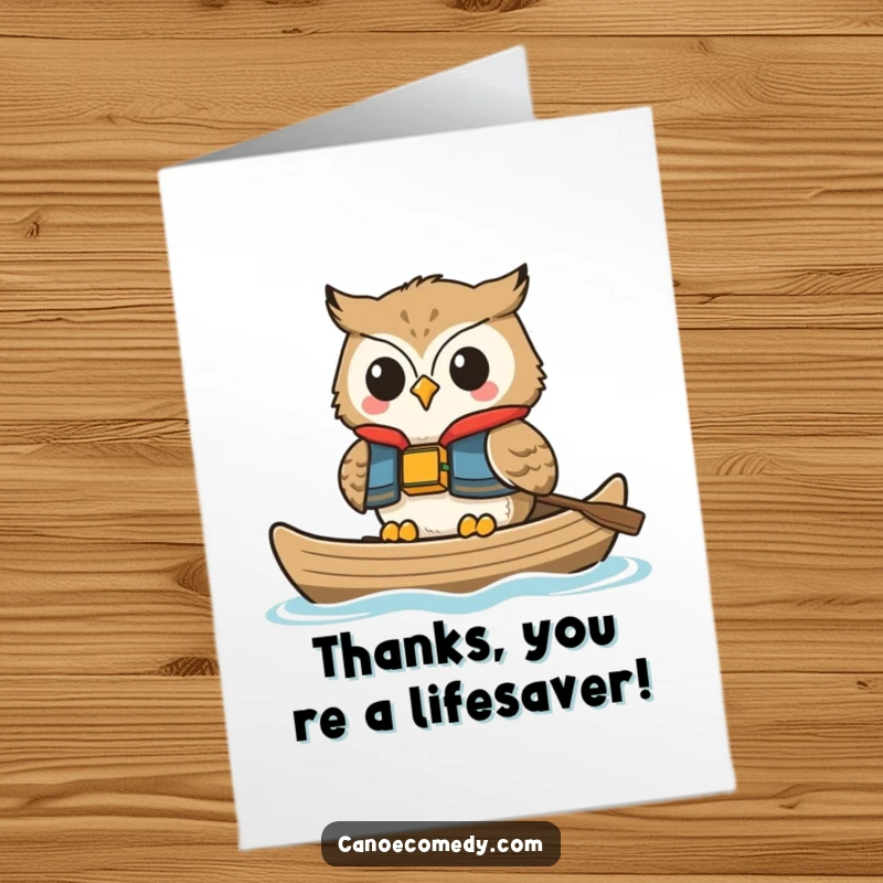 Funny Free Printable Thank You Card: Happy owl in a life vest, smiling contentedly while floating in a canoe, gratefulness.
