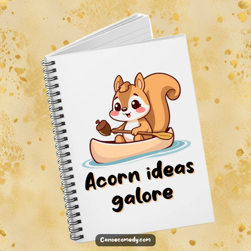 Funny squirrel holding an acorn in a canoe, excited notebook cover, treasure hunter journal, gift for writers.