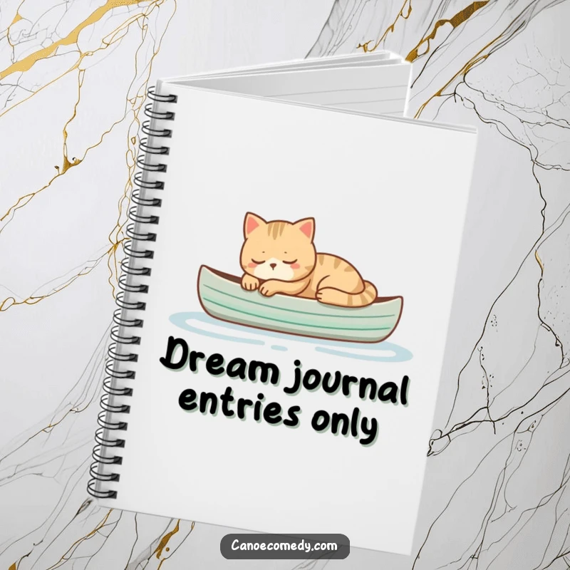 Funny cat sleeping peacefully in a small canoe, a serene and humorous notebook for journaling peaceful thoughts.