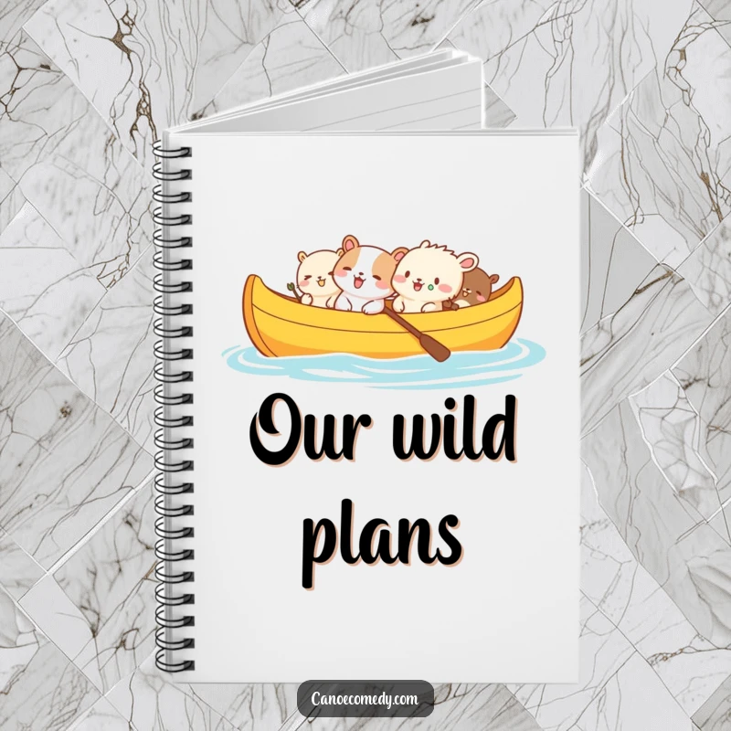 Funny notebook cover with small animals joyfully giggling in a brightly colored canoe, ready for adventures.