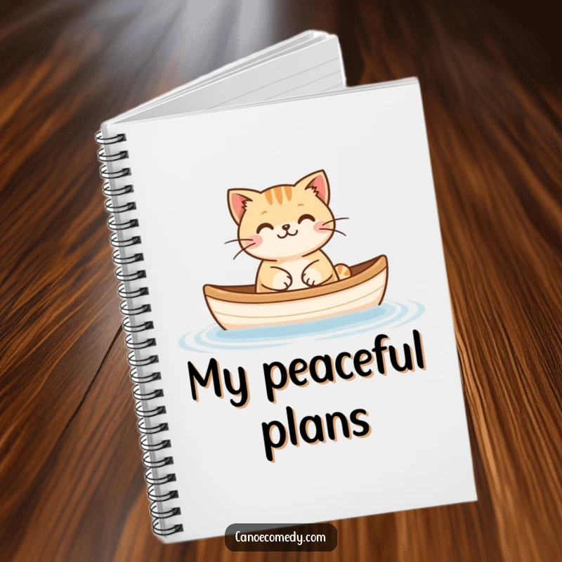 Funny Cat Floating Canoe Notebook, showing a happy cat floating peacefully in a tiny canoe, ideal for journaling.