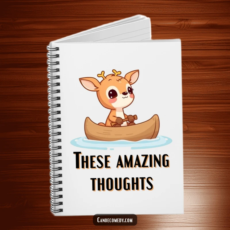 Funny Deer Wonder Canoe Notebook, showing a small deer looking up in wonder from a canoe, ideal for journaling.