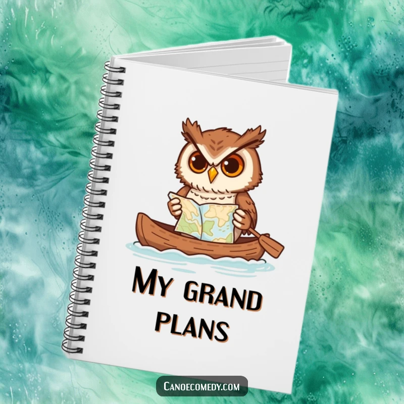Funny owl notebook, showing an owl paddling a canoe while attempting to read a map, a humorous organizational tool.