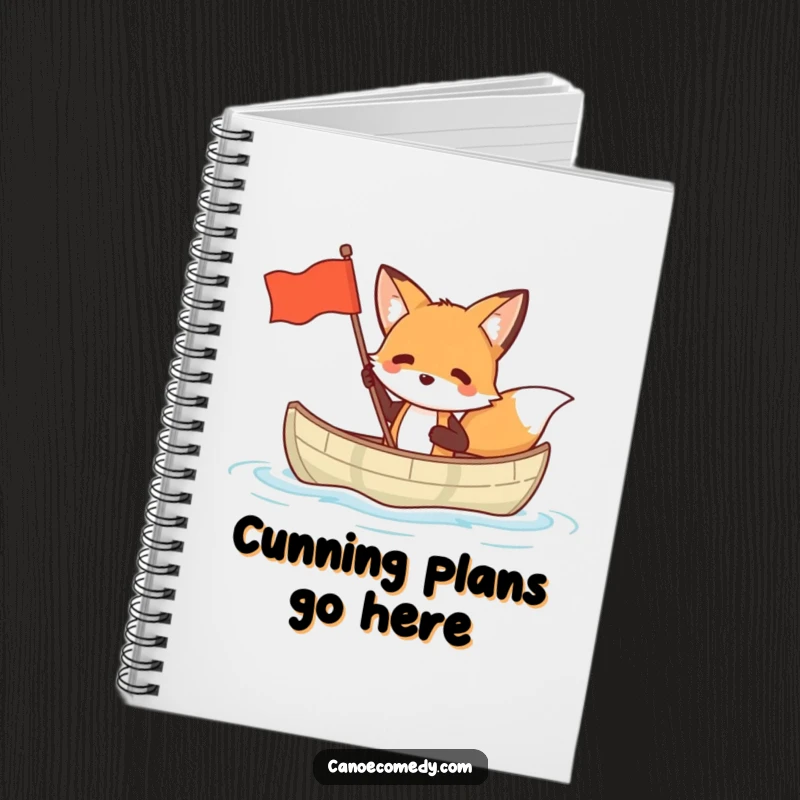 Funny fox notebook with a depiction of a fox in a small canoe waving a flag, encouraging clever notes.
