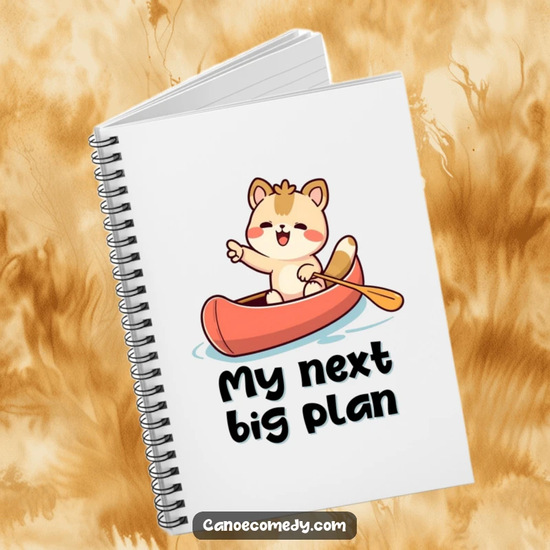 Funny Kawaii animal character excitedly pointing ahead from a canoe on the cover of a funny notebook.