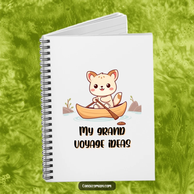 Funny Kawaii animal character hilariously balancing in a small canoe on the cover of a funny notebook.
