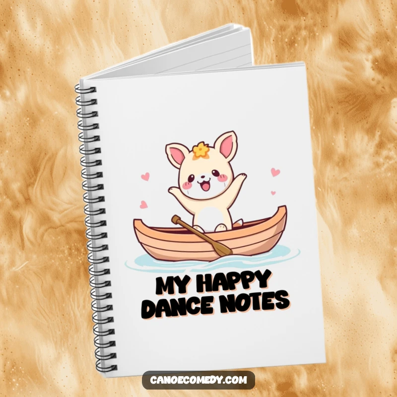 Funny Kawaii animal character dancing in a canoe, shown on the cover of a notebook for joyful expression.