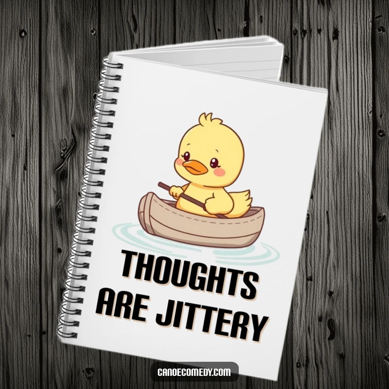 Funny notebook featuring a shy kawaii duckling in a tiny canoe, looking nervous, ideal for writing humorous, quiet notes.