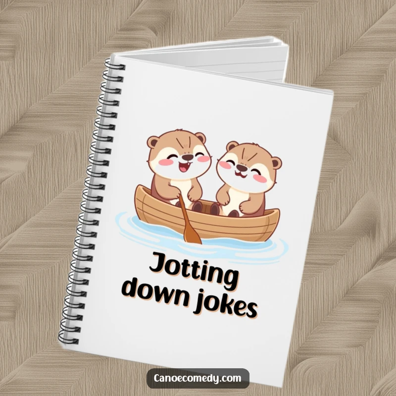 Funny Kawaii otters in a canoe, sharing a laugh, a lined notebook for jotting down ideas.