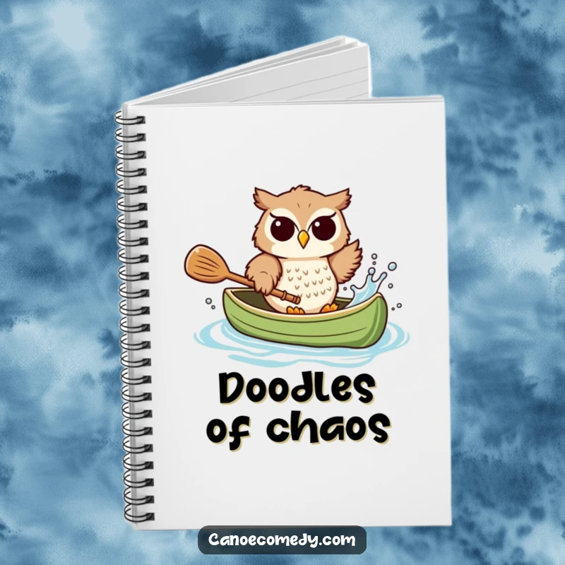 Funny owl notebook, depicted splashing water from a canoe with a paddle, a humorous tool for creative minds.