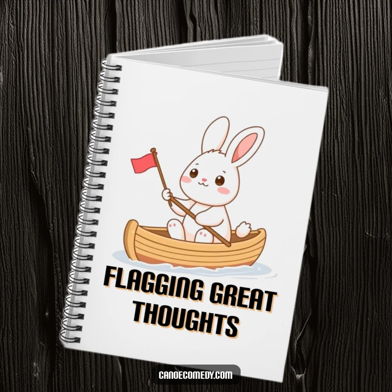 Funny rabbit in a canoe waving a small flag, a cheerful and humorous notebook cover designed to inspire happy thoughts and creative entries.