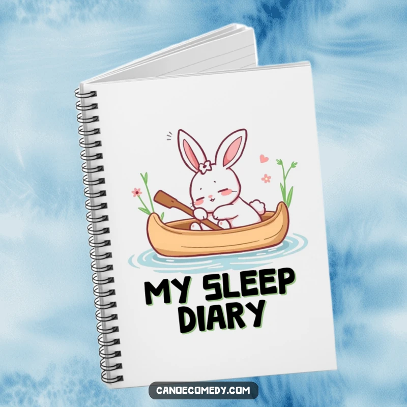Funny notebook cover with a snoozing cartoon rabbit in a canoe, perfect for writing down peaceful thoughts, a funny and funny gift.