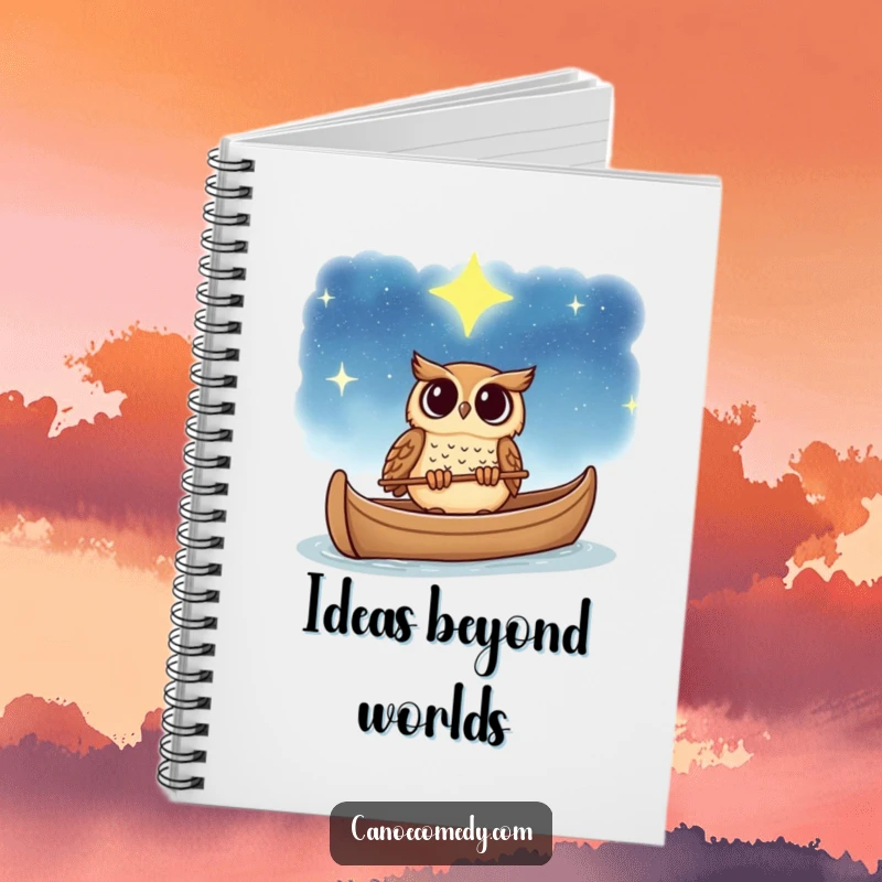Funny owl notebook, shown gazing at a starry sky from a canoe, a humorous tool for capturing cosmic thoughts.
