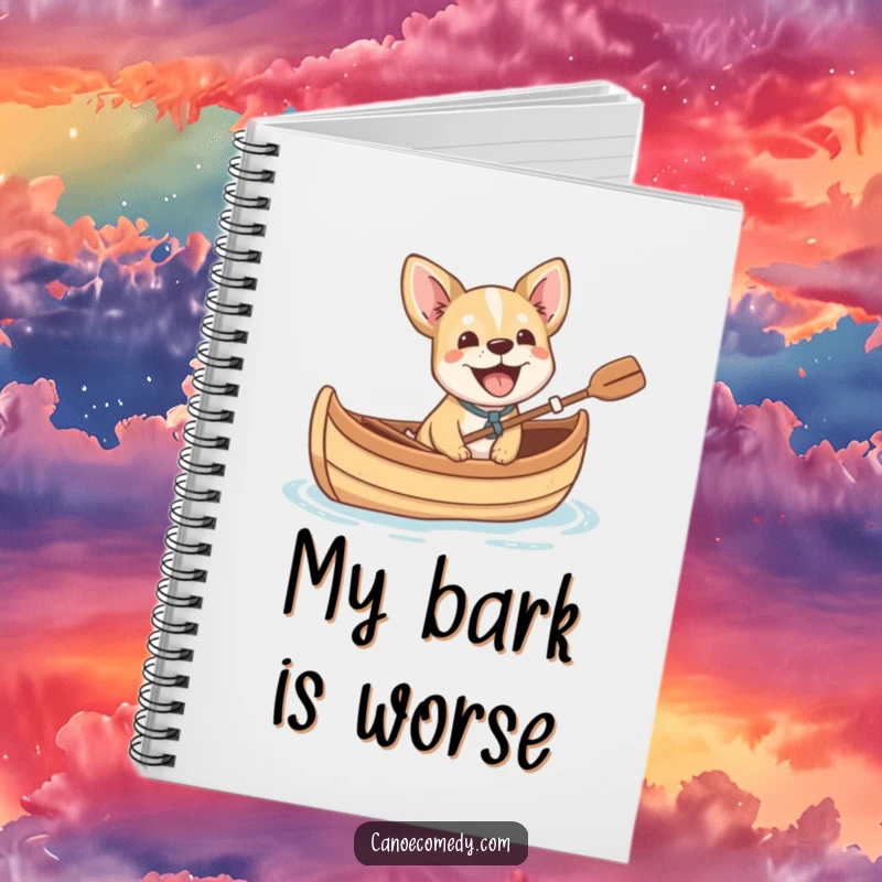 Funny small dog cheerfully barking with excitement from a canoe, a humorous and practical notebook for capturing ideas.