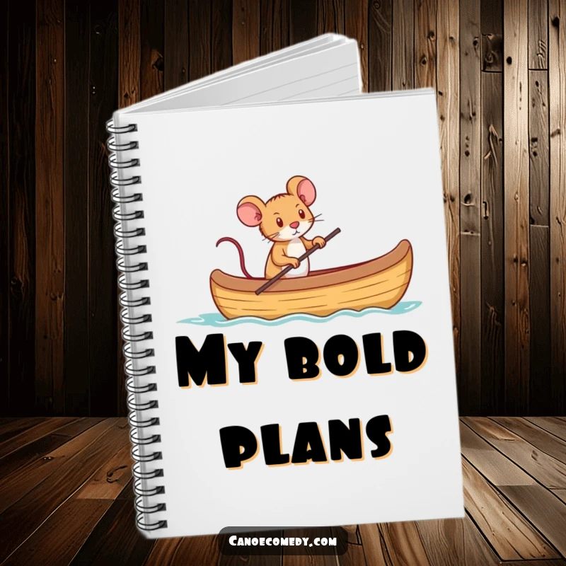 Funny notebook cover featuring a tiny mouse determinedly captaining a canoe, ready to navigate.