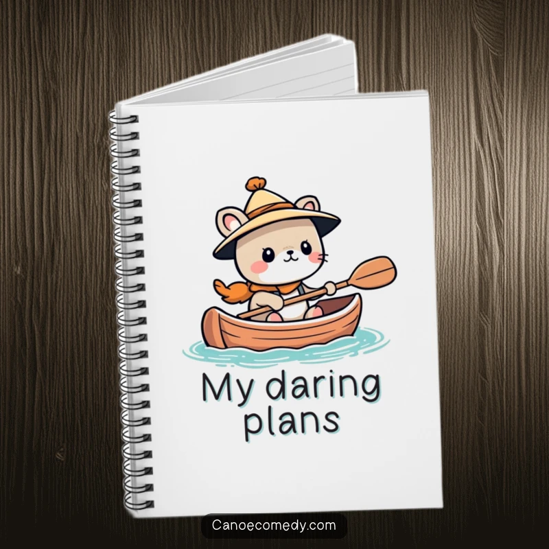 Funny Kawaii animal character wearing a tiny hat, looking adventurous in a canoe, a humorous notebook for bold ideas.