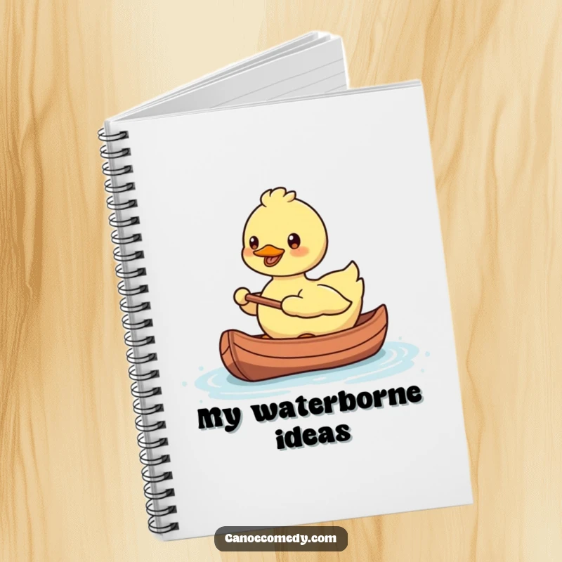 Funny, smiling Kawaii duck paddling a tiny canoe, on the cover of a notebook.