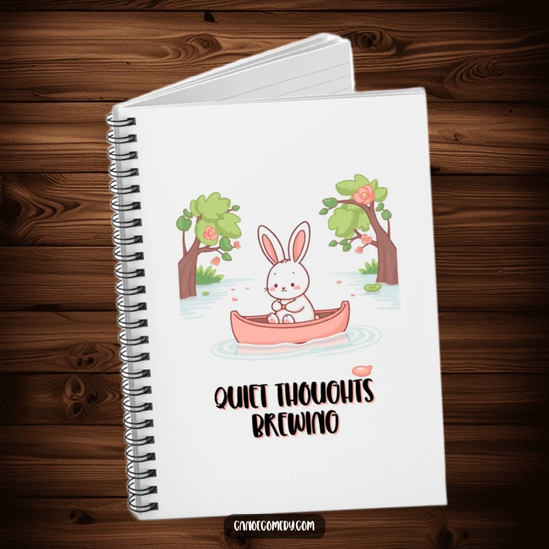 Funny kawaii rabbit paddling a canoe peacefully, cute notebook cover, serene animal journal, gift for writers.